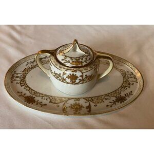 VTG Nippon Sugar Bowl & Oval Under Plate Hand Painted ChristmasBall